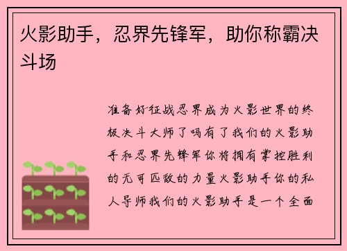 火影助手，忍界先锋军，助你称霸决斗场